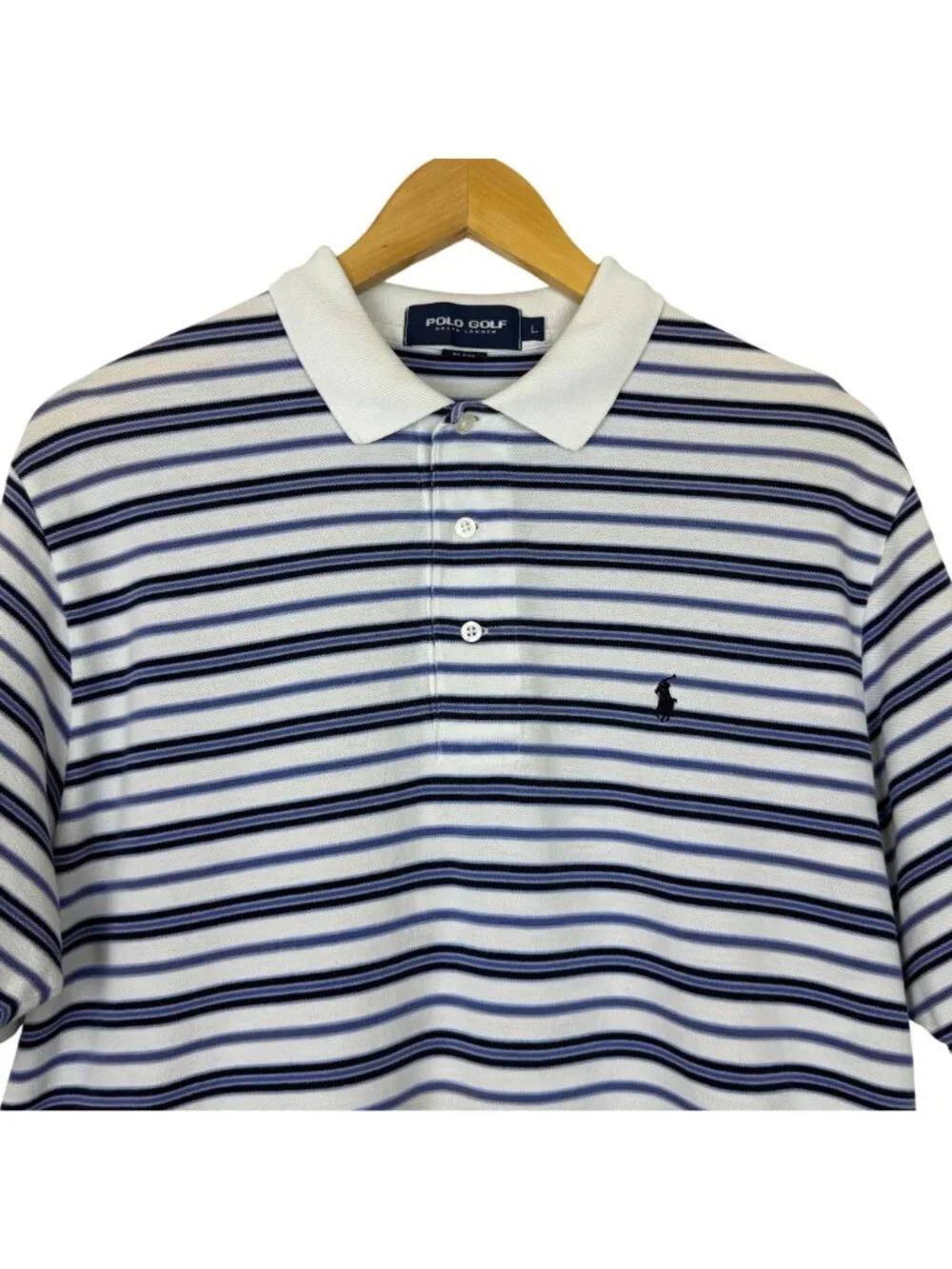 Polo Golf Ralph Lauren Polo Shirt Men L Blue White Striped ¼ Button Pima Cotton